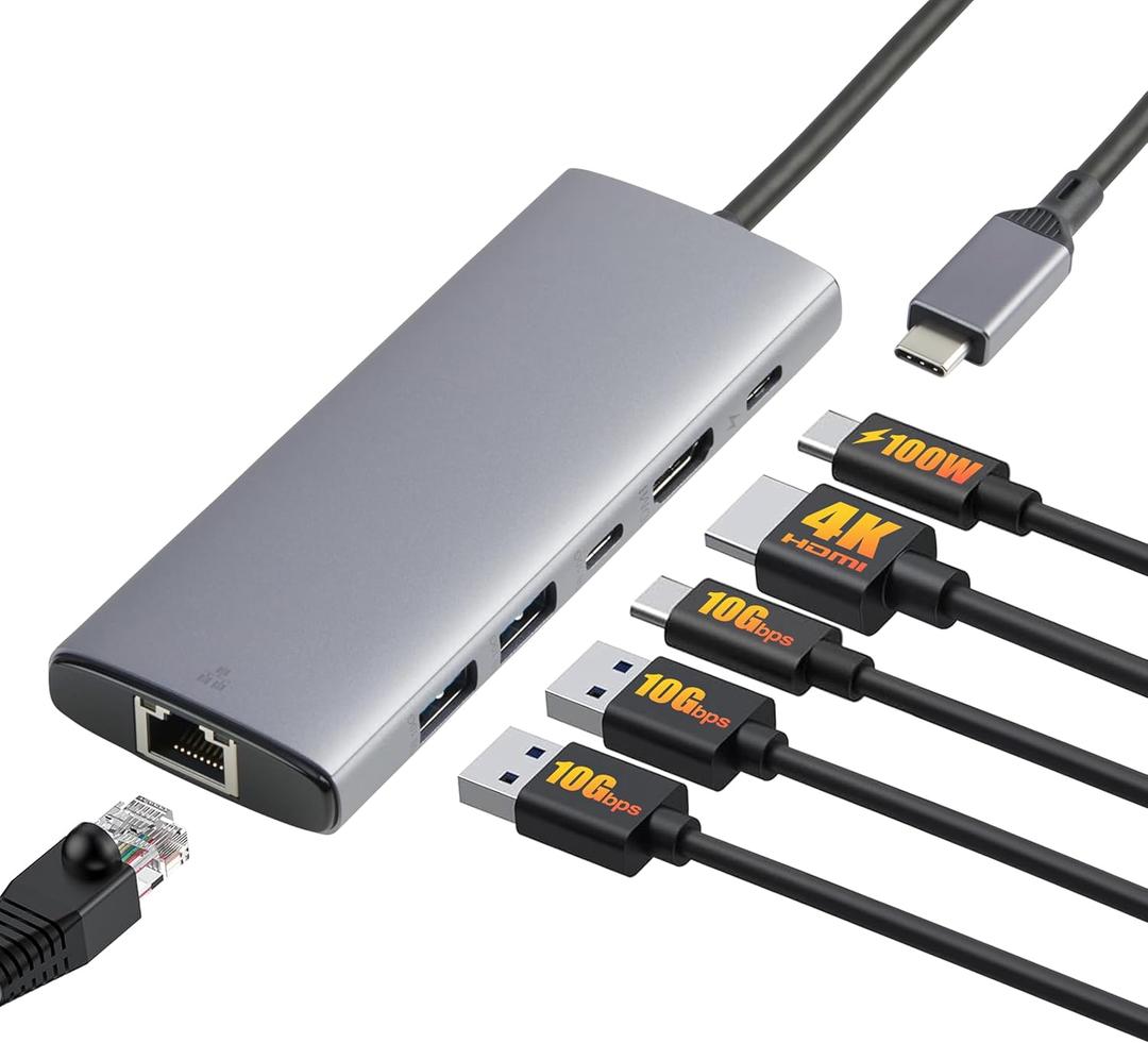 Amazon Basics 6-in-1 USB-C 3.2 (10G) Hub, 1 USB-C 100W PD Input, 2 USB-A, 1 USB-C, HDMI 4K, Ethernet, Light Grey, Light Grey, 4.70 x 1.81 x 0.59 inches