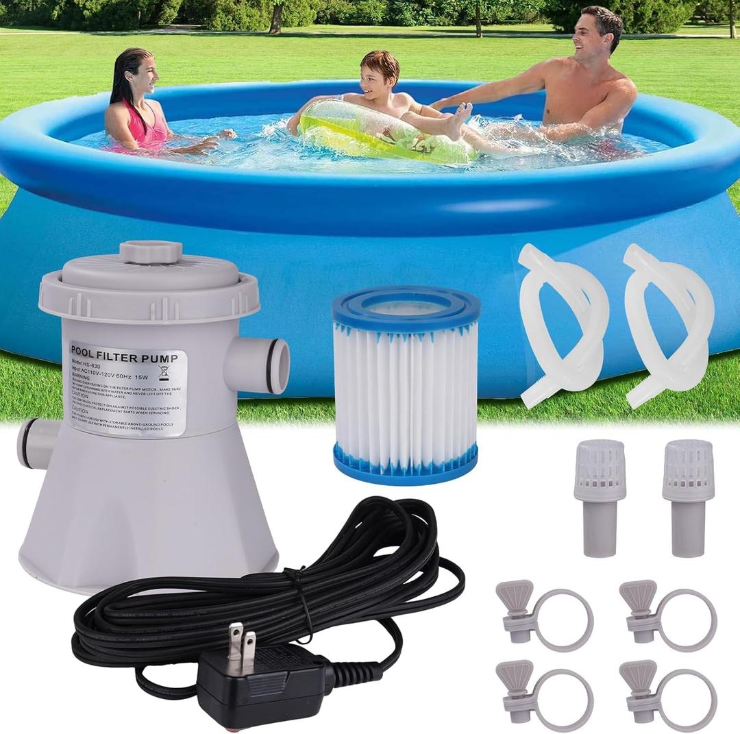 300GPH Pool Filter Pump for Small Above Ground Pools, Household Inflatable Pool Filter Pump System Kit Cleaning Tool+ Filter Cartridge