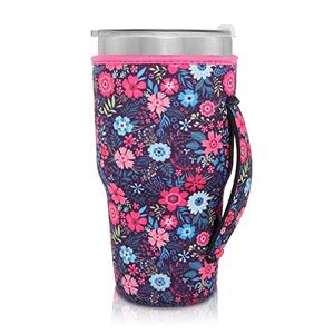 Reusable Iced Coffee Cup Sleeve Neoprene Insulated Sleeves Cup Holder with handle Idea for 30oz - 32oz Tumbler Cups, Protein Shake Bottles(Only Cup Sleeves)(Flower Meadow)