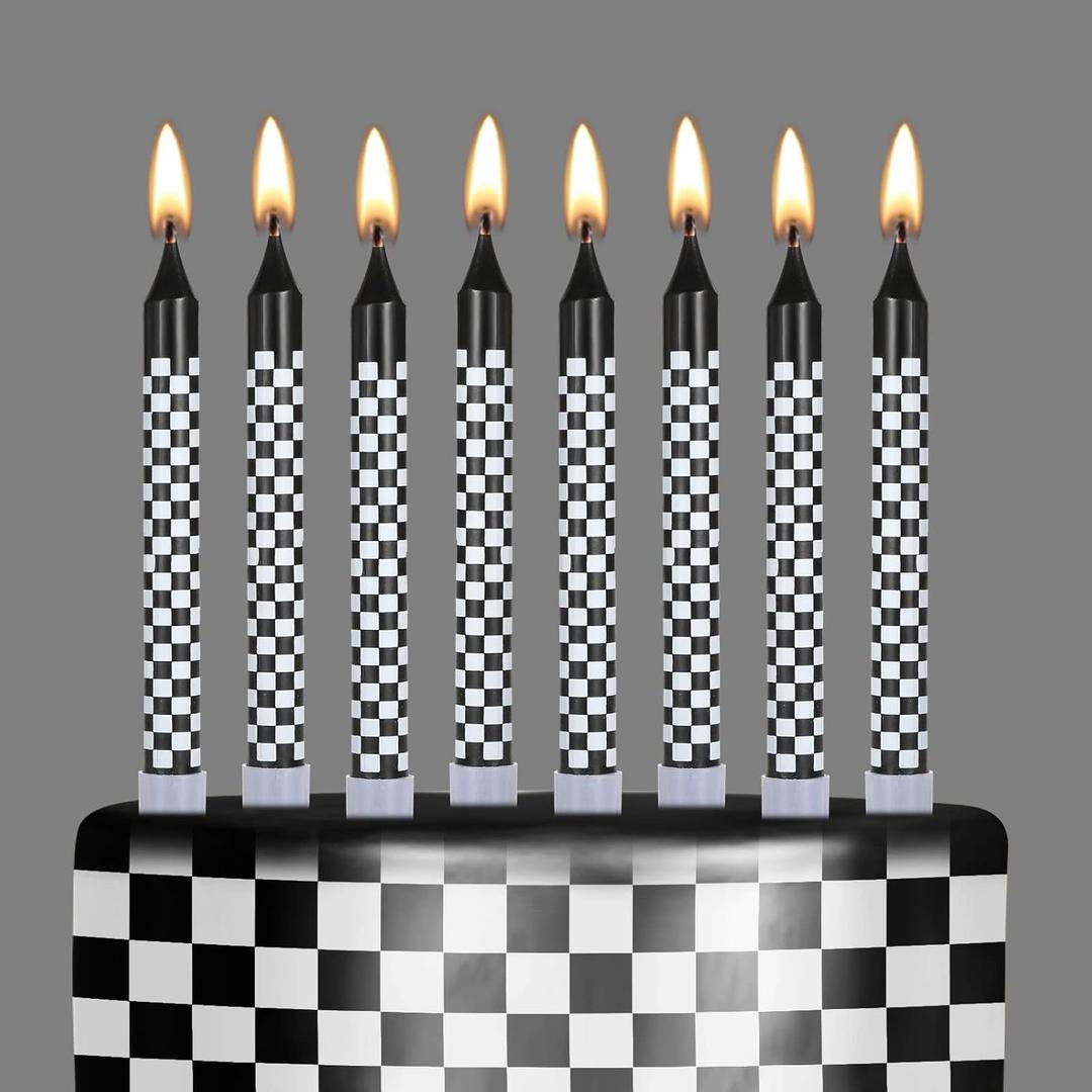 Cindeer 12 Pcs Racing Cars Themed Birthday Candles Black and White Checkered Flag Cupcake Topper for Racing Cars Party Decoration Baby Shower for Boys Children