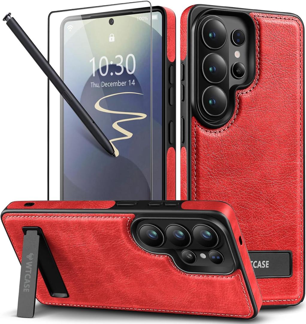 WTCASE Strong Magnetic for Samsung Galaxy S26 Ultra Leather Case with Stand,[Compatible with MagSafe], Slim Adjustable Kickstand Phone Cover (Red, S26 Ultra)