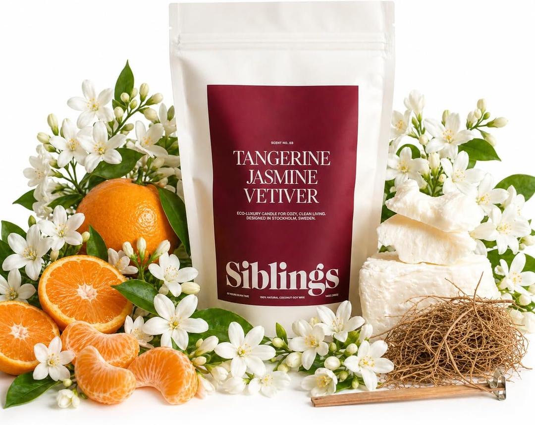 Siblings Candle Refill Kit – DIY Coconut Soy Wax Candle Making Kit for Reusable Vessels – Non-Toxic Clean Burn, Wooden Wick – Scent No.03 Tangerine, Jasmine & Vetiver – 60 Hour Burn