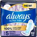 Always Ultra Thin Overnight Pads, Size 5, Extra Heavy Overnight, Unscented, 92 Count (2 Packs of 46)