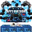 Skylety 34 Pcs Video Game Birthday Decorations Set Gamer Party Supplies with Gamer Backdrop Controller Foil Balloons Table Cover Blue Black Balloons Gaming Themed Pack for Game Night, Room Decor