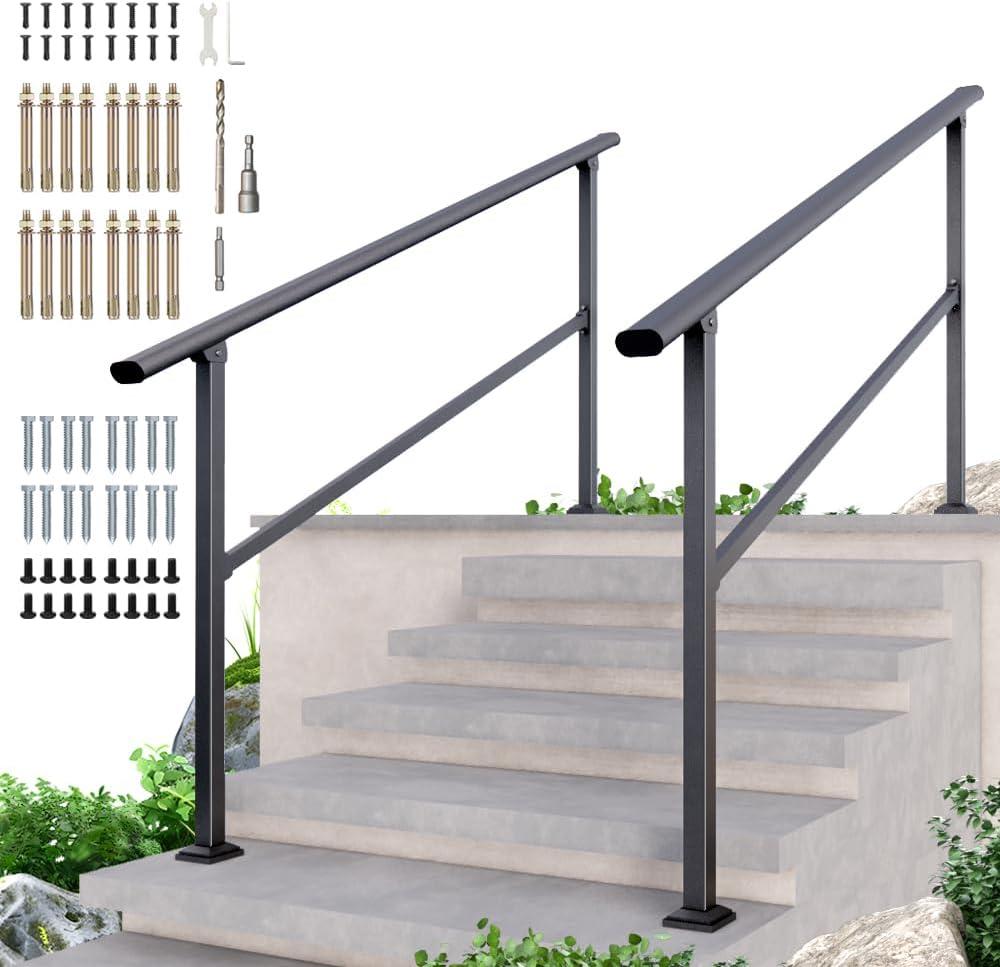 DIYHD 6 Step Handrail for Outdoor,Powder Coated Iron Stair Railing,Black Hand Rails for Indoor, Porch,Deck,2 Pack