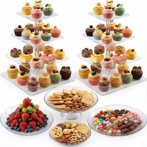 6 Pcs Acrylic Dessert Stands Set Include Display Risers Cupcake Tower and Clear Round Dessert Trays Cake Table Holder for Wedding Baby Shower Decoration(Cute Style)