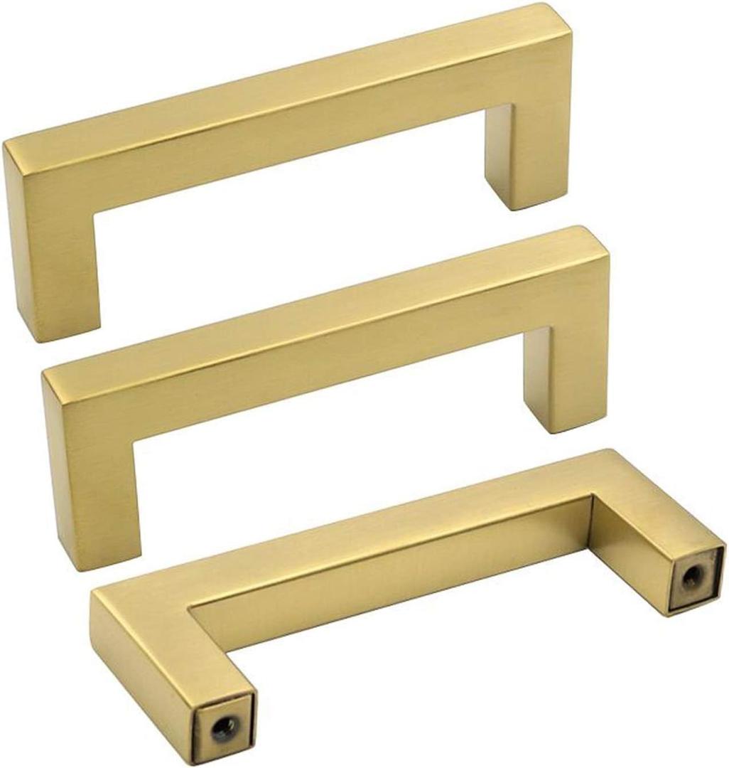 goldenwarm Brushed Brass Cabinet Handles Drawer Pulls and Knobs 5 Pack - LSJ12GD76 Stainless Steel 3 in Bar Handle Knob Pull Fine-Brushed Satin Gold Furniture Hardware (3in hole centers)