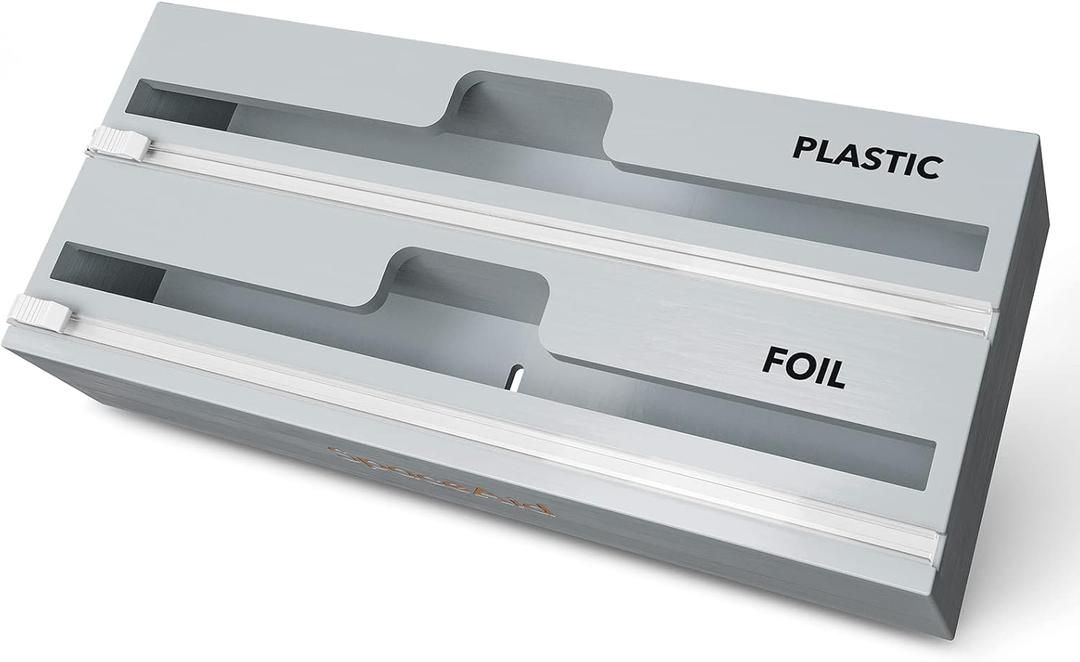 SpaceAid WrapNeat 2 in 1 Wrap Organizer with Cutter and Labels, Plastic Wrap, Aluminum Foil and Wax Bamboo Dispenser for Kitchen Storage Organization Holder for 12" Roll (Gray) (2-Slot, 3"Tall)