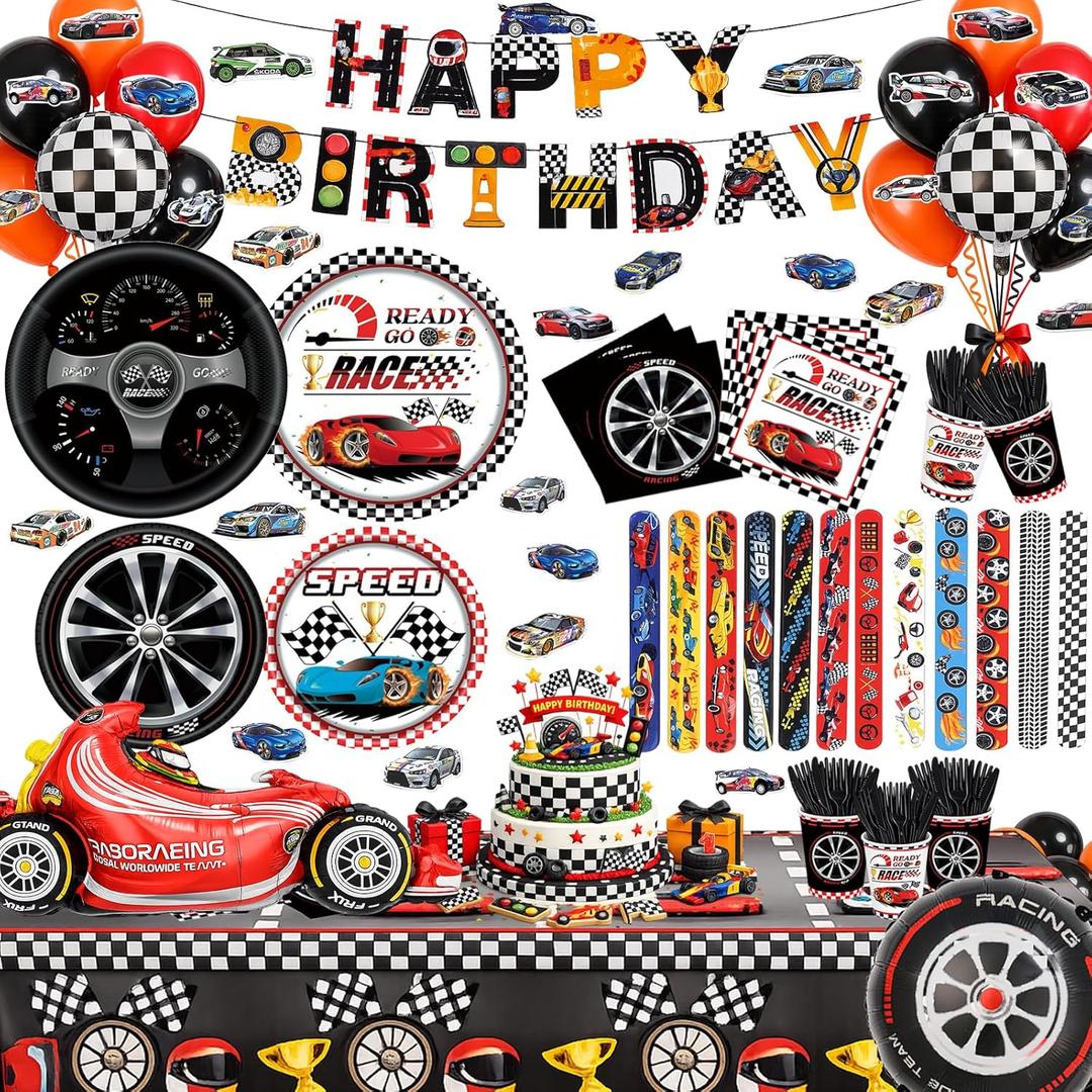 231PCS Cars Birthday Decorations Set Race Car Birthday Party Decorations Kit with Tablecloth, Banner, Plates, Cups, Napkins, Stickers & Slap Bracelets, Car Themed Party Decorations Serves 24
