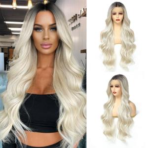 X-TRESS 30 Inch Blonde Lace Front Wigs Ombre blonde wig Body Wave Glueless Wig Middle Part Lace Frontal Wigs Pre Plucked For Women 13x4x1 Synthetic Wavy Wigs with Dark Roots