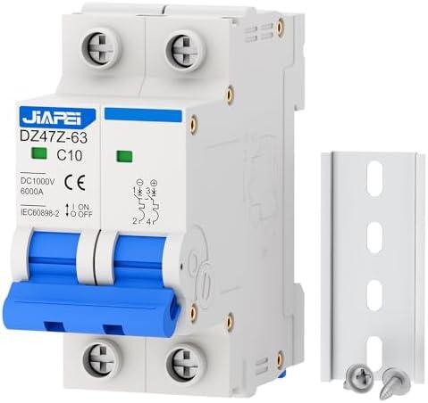 DC Miniature Circuit Breaker, 1000V 2 Pole 10 Amp Isolator for Solar PV System, Thermal Magnetic Trip DIN Rail Mount, C10 DC Disconnect Switch