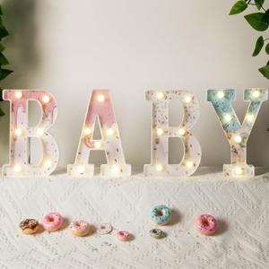 Realspring Baby Shower Sign Babe Marquee LED Letters Battery Operated Light up Centerpieces Glowing Home Table Party Decor for Boy Girl Gender Reveal Birthday, 8.26''(Donut,Pink, Blue)