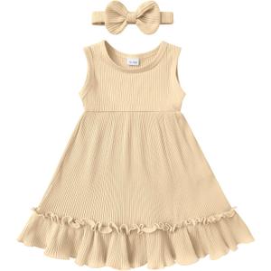 YOUNGER TREE Toddler Girl Summer Sundress Sleeveless Casual Dress Ruffle Hem Cotton Solid Outfits with Bowknot (Beige)