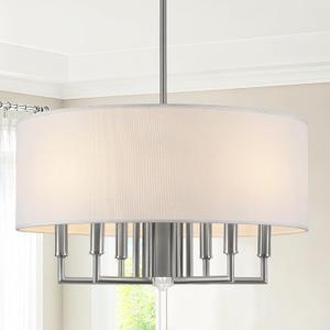 23.6'' Brushed Nickel Drum Chandelier 7-Light Modern White Fabric Large Chandeliers for Dining Room Adjustable Farmhouse Pendant Light Fixture for Kitchen Island Living Room Bedroom