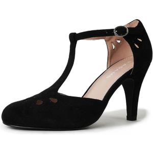 J. Adams Pepper Mary Janes - Vintage Cutout Low Kitten Heels Retro T Strap Pumps (6.5, Black Vegan Suede)