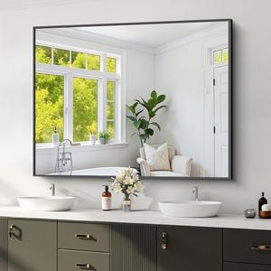 Koonmi Black Framed Bathroom Mirror - Shatterproof 36"x48" Tempered Glass, HD No Distortion, Horizontal/Vertical Mount, Modern Matte Aluminum Alloy Frame