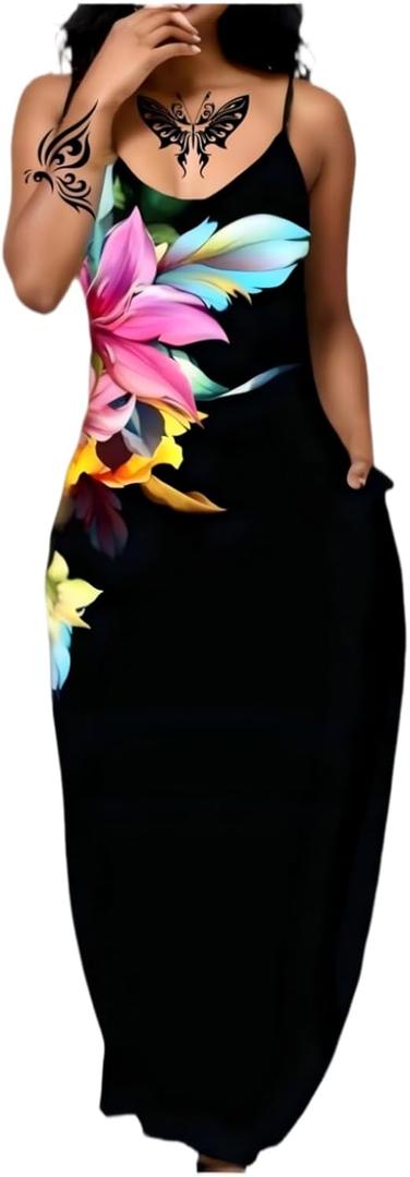 Women's Summer Maxi Dress Long Dress Casual Boho Sleeveless Strap Smocked Tiered Long Beach Sun Dresses (Black, XL)