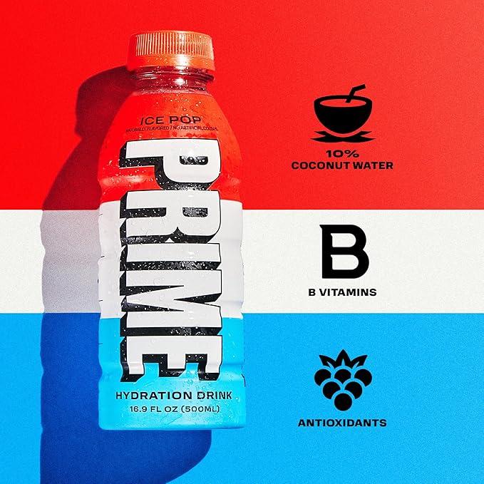 PRIME Hydration ICE POP | Sports Drinks | Electrolyte Enhanced for Ultimate Hydration | 250mg BCAAs | B Vitamins | Antioxidants | 2g Of Sugar | 12 Fl Oz (Pack of 8), Best Before: 17/OCT/2025