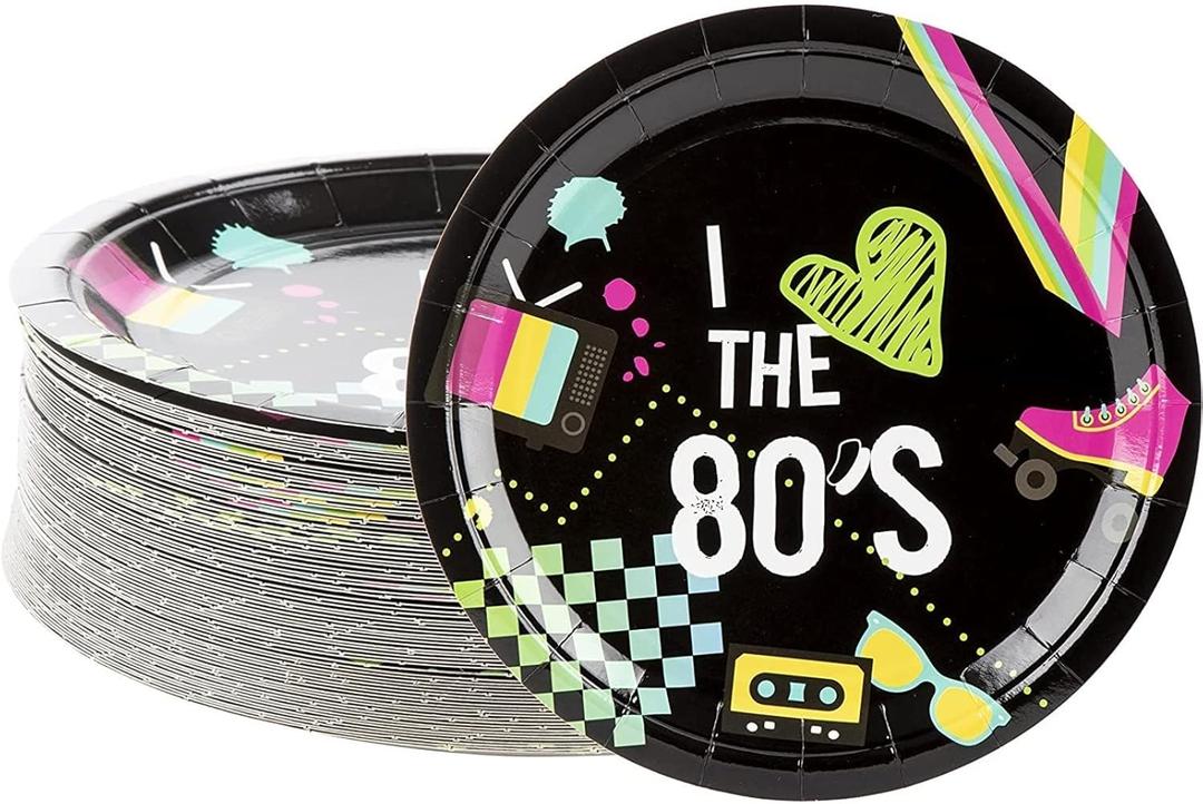 BLUE PANDA 80-Pack Retro 80s Party Plates for I Love the 1980s Birthday Supplies (Black, 9 in) - 80s Party Decorations