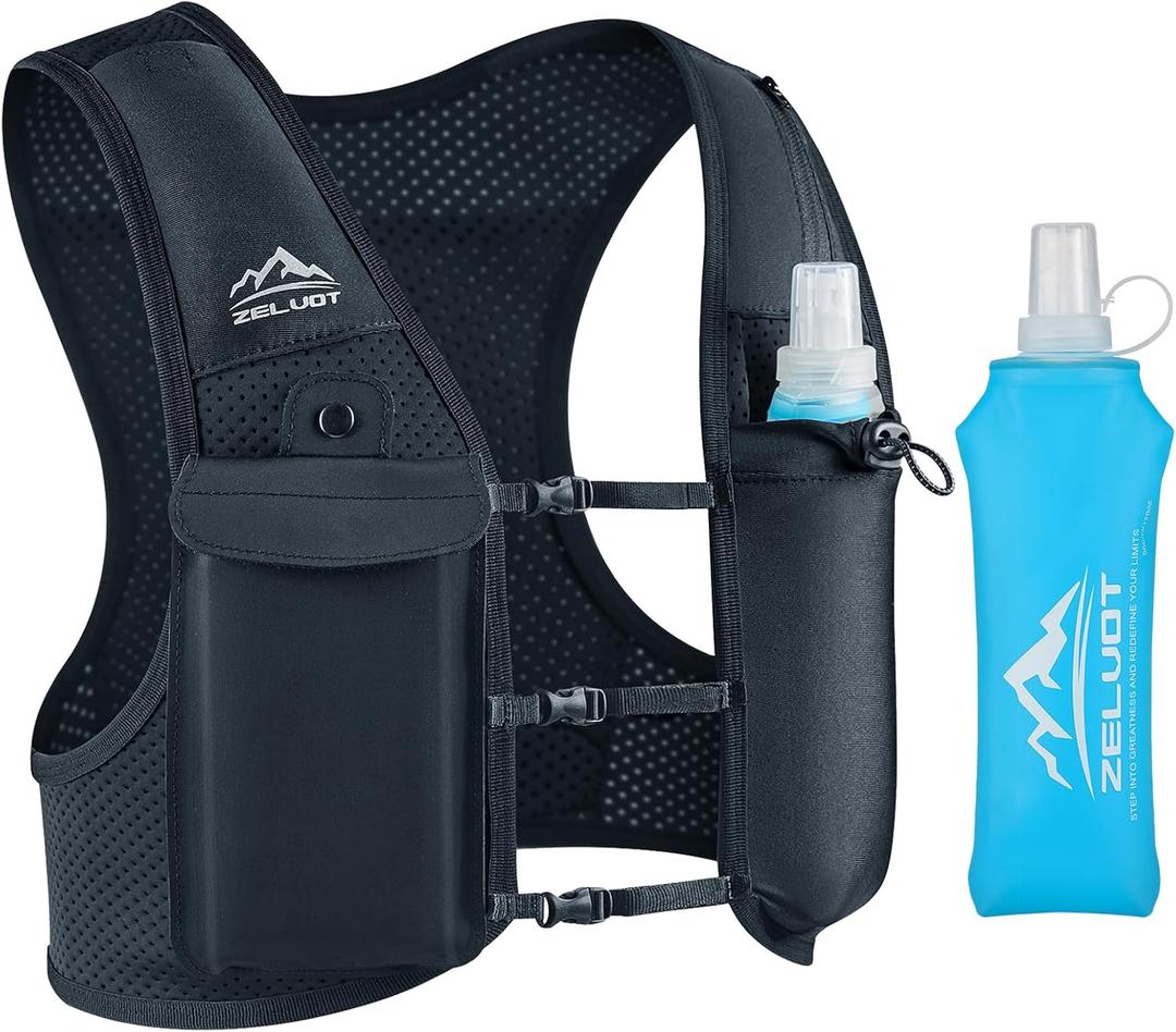Running Vest for Women Men, USA Original Patent, Adjustable Chest Straps Running Hydration Vest with 500ml Soft Flask, Lightweight Breathable Reflective Running Vest for Marathon (Medium-Large, Black)