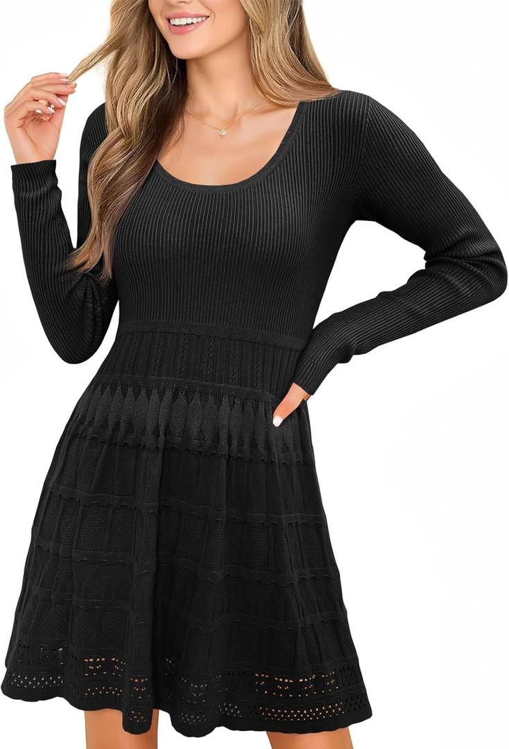 Wenrine Womens Long Sleeve Sweater Dress Knit Crochet Casual A Line Flowy Skater Mini Dresses (Medium)