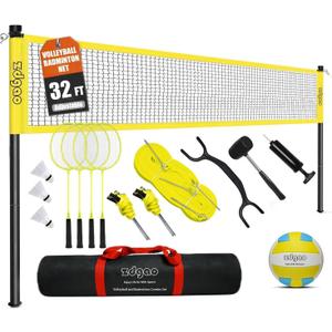 Zdgao Volleyball and Badminton Combo Set for Backyard - 20FT/32FT Volleyball/Badminton Net with Adjustable Height Pole,Anti-Sag System,Volley Ball, Badminton Racquets,Boundary Line and Carry Bag