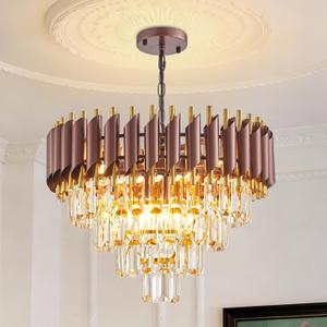Modern Crystal Chandeliers 4-Tier K9 20" Round Coffee and Gold Crystal Chandelier Light Fixture 7 Lights Hanging Pendant Ceiling Light Fixture for Dining Room Living Room Entryway Foyer