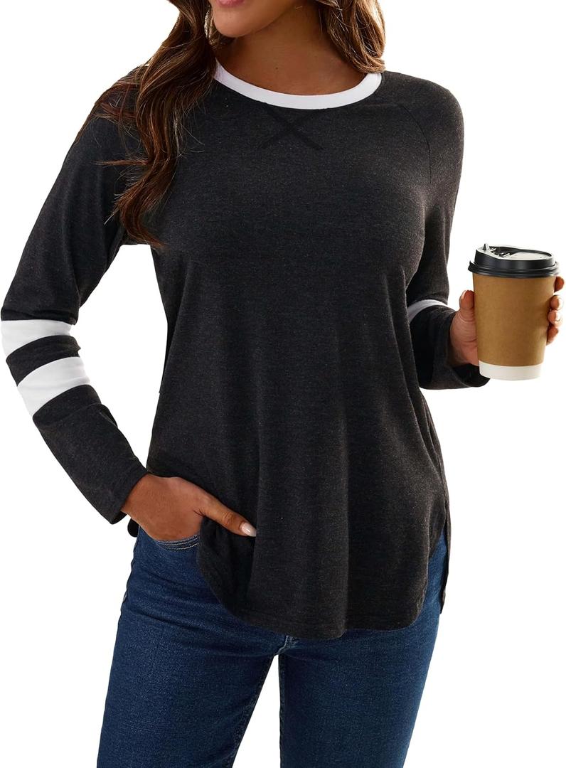 SOFIA'S CHOICE Womens Long Sleeve T Shirts Crew Neck Color Block Top Fall Basic Shirts (Black, Medium)
