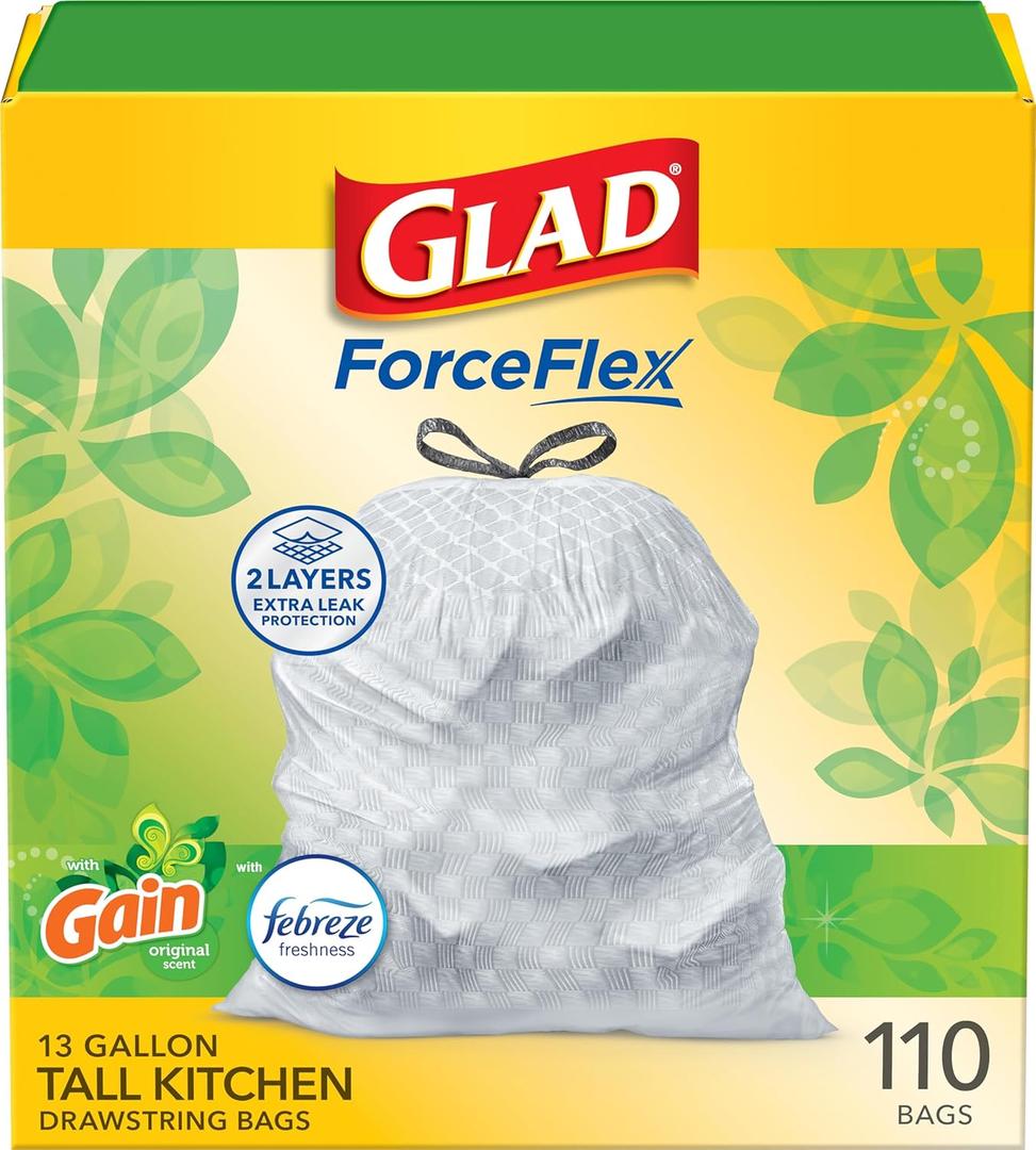 Glad ForceFlex Tall Kitchen Trash Bags, 13 Gal, Gain Original with Febreze, 110 Ct