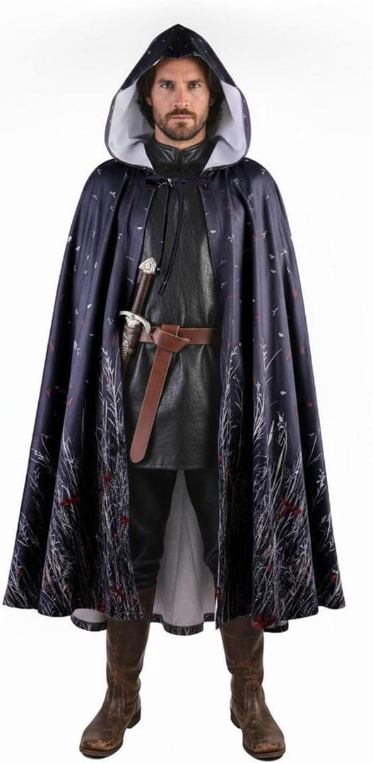 Cloak with Hood Men Renaissance Velvet Cape with Flowers and Plants Halloween Sorcerer Vampire Cosplay Witch Cloak (Black, L)
