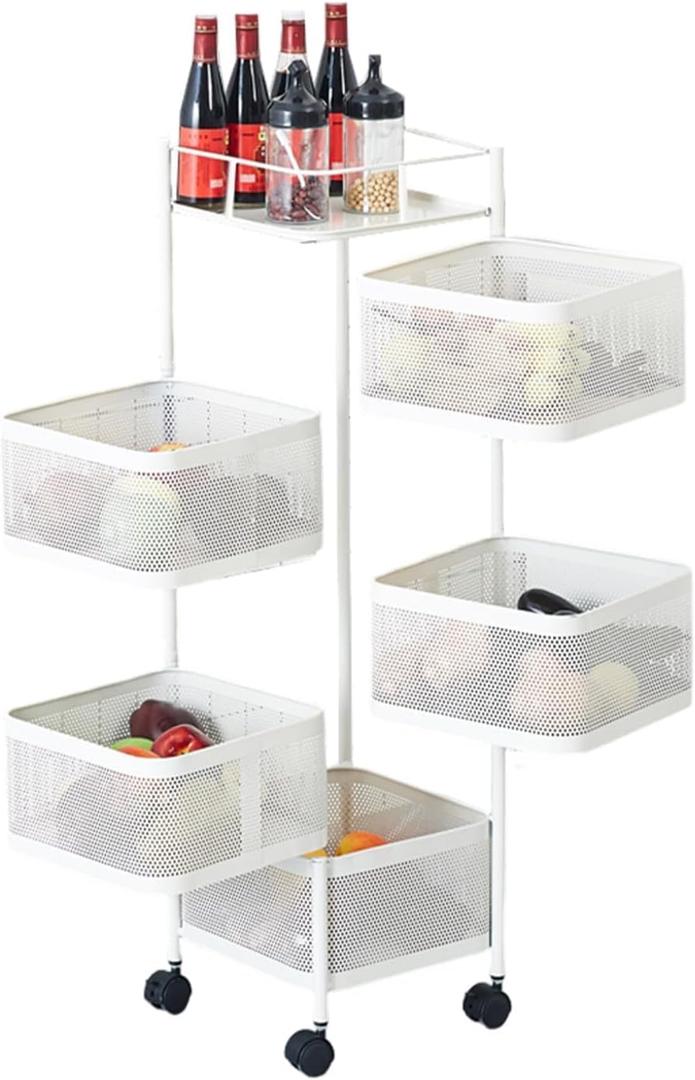 5 Tier Rotating Rolling Storage Cart with Top Lid & 360 Wheels, Metal Mesh Rolling Cart Organizer for Fruits Vegetables Groceries Potato Onion Corns, Kitchen Storage Cart No Assembly, White