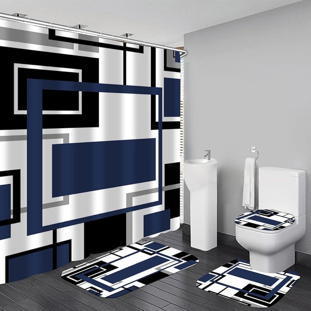 4 Pcs Blue Geometric Shower Curtain Sets with Rugs Blue Bathroom Sets with Shower Curtain and Rugs Modern Bathroom Curtains Shower Set with Toilet Lid Cover for Bathroom Decor Accessories (Gz-02)