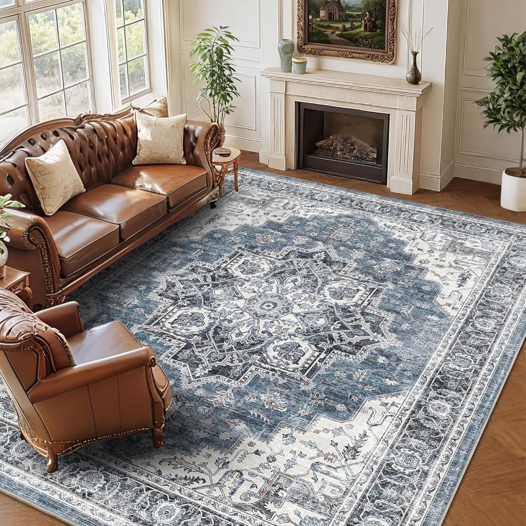 8x10 Area Rugs for Living Room Ultra-Soft Washable Rug Vintage Distressed Boho Area Rug, Non-Slip Low Pile Stain Resistant Carpet for Bedroom Dining Room Kitchen Office (Blue)