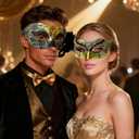 Wildarms Couple Masquerade Masks - Feather Women & Venetian Men Masks for Halloween Party, Mardi Gras Cosplay