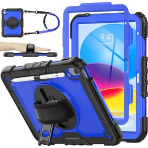SEYMAC stock Case for iPad (A16) 11th/10th Generation 11''/10.9'' 2025/2022, Full-Body Drop Protection Case with Screen Protector &360 Rotate Hand Strap/Stand, Blue+Black