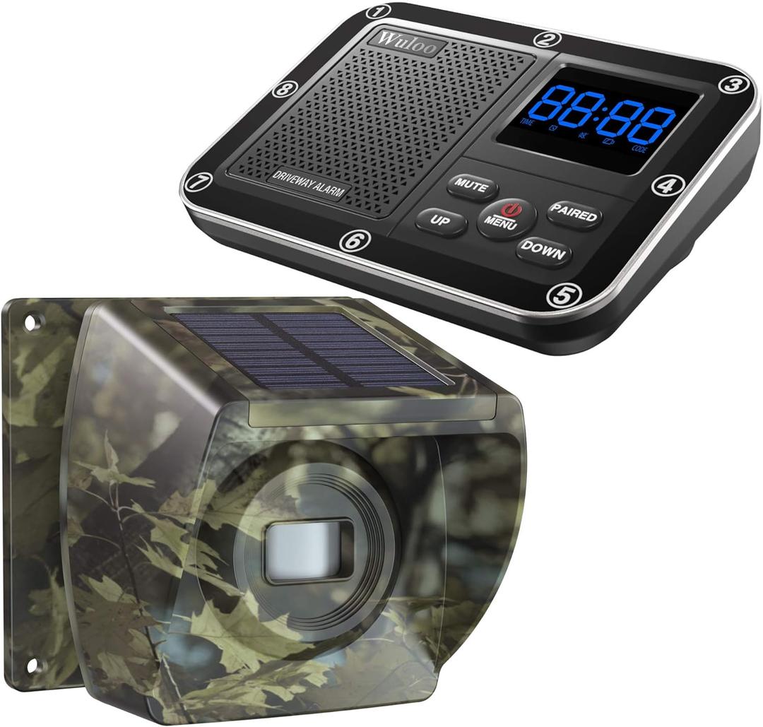Solar Driveway Alarm Wireless Outside 1800ft Range, Outdoor Motion Sensor & Detector Driveway Alert System with Rechargeable Battery/Weatherproof/Mute Mode (1&1-Camouflage)