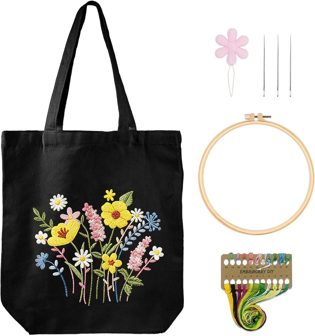 Nuberlic Canvas Tote Bag Embroidery Kit for Beginners Adults -DIY Needlepoint Kit with Floral Pattern Bag Reusable Eco-Friendly Shopping Bag
