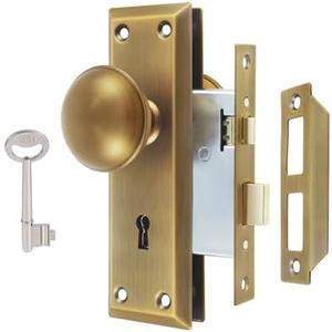 ToPToToo Mortise Lock Set for Interior Door, Vintage Antique Door Knobs with Lock and Skeleton Key, Old Door Knob Replacement Fits 1-3/8 in 1-3/4 in, Antique Brass Finish
