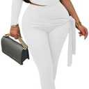 Vssjavun Women 2 Piece Outfits Sexy One Off Shoulder Long Sleeve Tops Skinny Long Pants Sets, XL