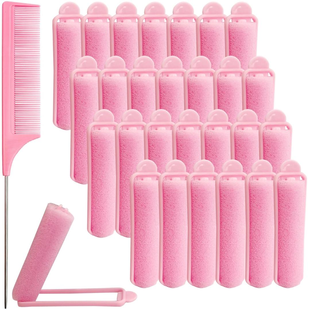 28PCS Soft Curlers & 1PCS Rat Tail Comb, Pink Foam Sponge Hair Rollers Set for Women, for Hair Styling, Overnight Curl & Volume