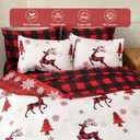Christmas Comforter Set Queen Size 7 Pieces, Red Reindeer Snowflake Bed in A Bag, Reversible Red and Black Check Comforter with Sheet Set, Soft Polyester Bedding Set