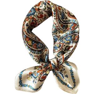 JERLA 100% Mulberry Silk Neck Scarf 21"x21" Small Square Scarfs for Women Gift Packed (Blue and Cream White Flower)