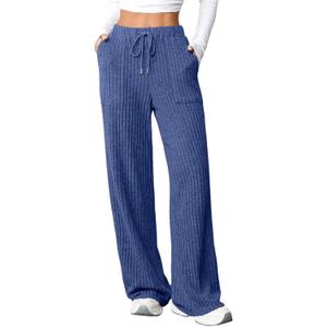 Aleumdr Womens Ribbed Wide Leg Lounge Pants with Pockets Casual Relaxed Comfy Loose Soft Knit Pajama Pants with Drawstring (A5 Blue), XL