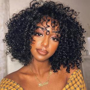 Afro Curly Wigs for Black Women Curly Glueless Wig with Bangs Natural Black Colored Synthetic Heat Resistant Wigs