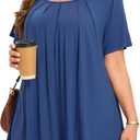 MONNURO Womens Summer Tops Plus Size Tops Short Sleeve Pleated Shirts Swing Blouse Tunic Tops for Curvy Women (Blue, XL)