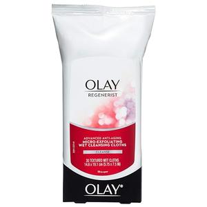 Olay Makeup Remover Wipes, Regenerist MicroExfoliating Wet Cleansing Cloths, Facial Cleanser for Women Exfoliates, Refreshes, Smooths Texture, Travel Approved, 30 