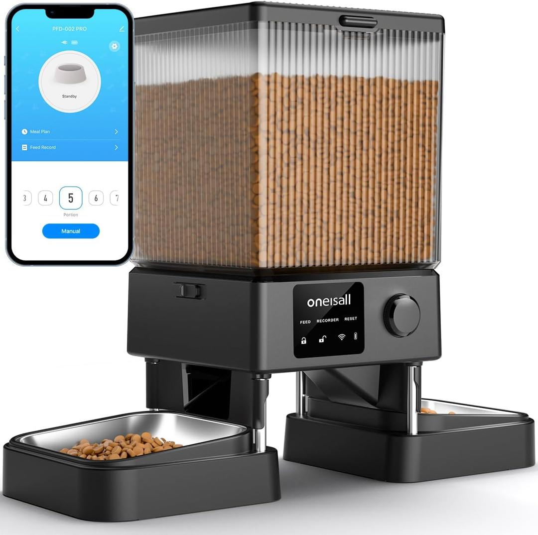 oneisall Automatic Cat Feeder with 5G WiFi, Automatic Cat Food Dispenser for 2 Cats Small Pets, 20 Cups/5L Timed Dry Food Dispenser with APP Control (Black)