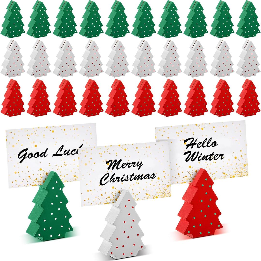 Kigley 30 Pcs Mini Christmas Tree Place Card Holders Wooden Xmas Table Number Holder Wood Table Sign Picture Stand for Christmas Winter Holiday Office Wedding Decor Party Favors