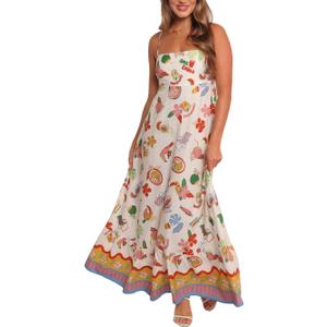 Women Spaghetti Strap Maxi Dress Colorful A Line Swing Long Smocked Picnic Dress Boho Beach Vacation Sundress (Summer Print) Size XL