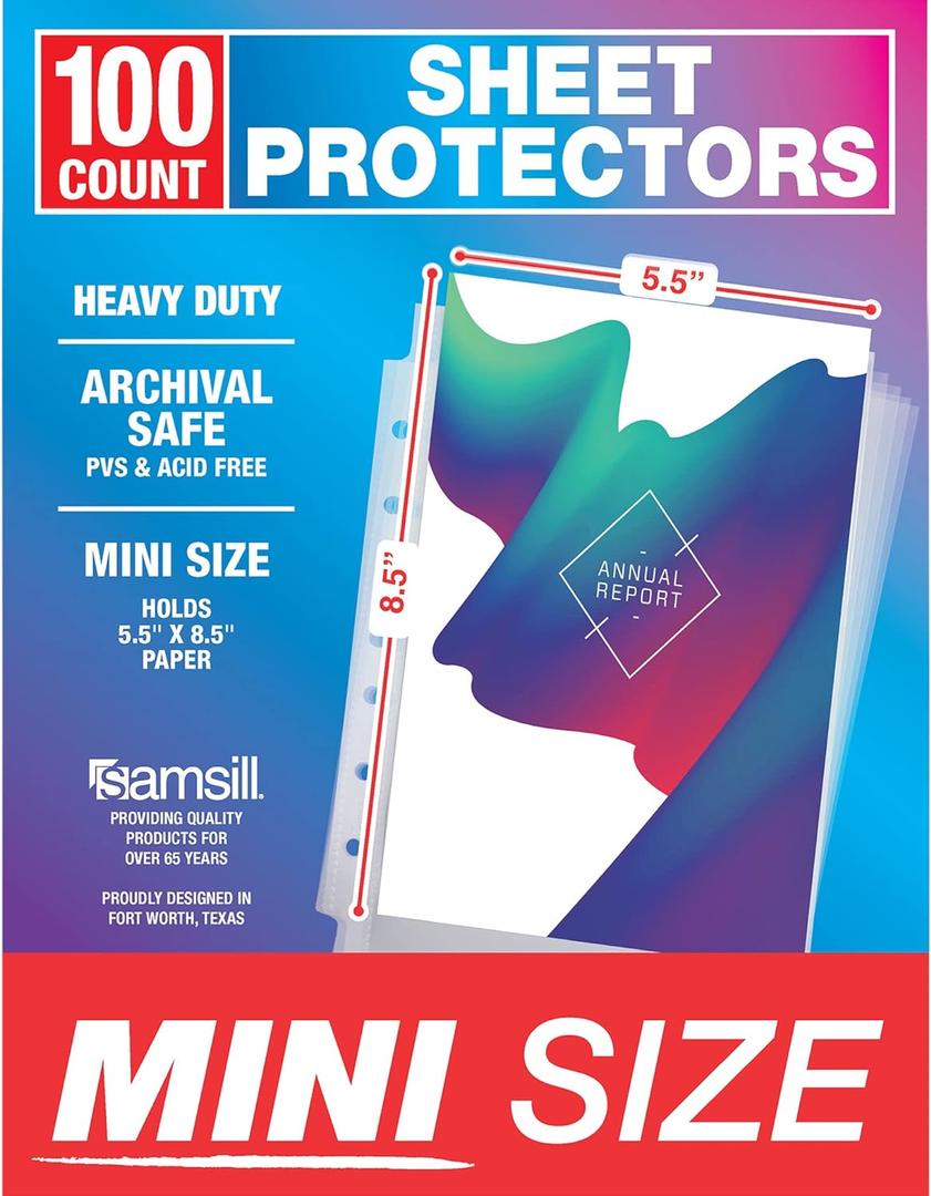 Samsill Mini Sheet Protectors 100 Pack, 5.5 x 8.5 Inch Page Protectors for Mini 3 Ring Binder, Clear Protector Sheets, 7 Hole, Top Loading, Acid Free